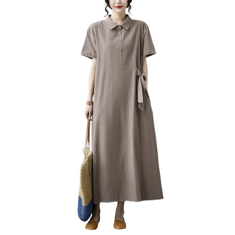 Buddha Stones Casual Plain Side Lace-Up Lapel Short Sleeve Cotton Linen Midi Dress With Pockets
