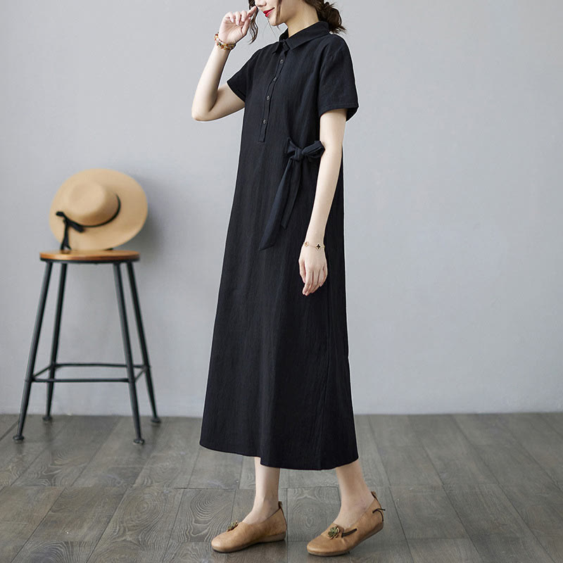 Buddha Stones Casual Plain Side Lace-Up Lapel Short Sleeve Cotton Linen Midi Dress With Pockets