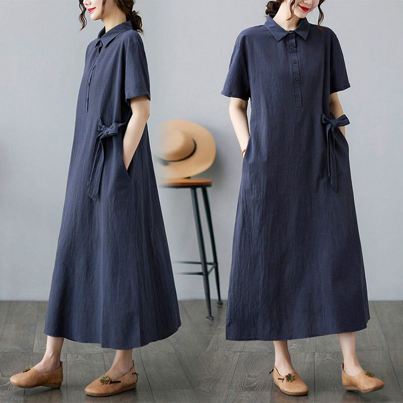 Buddha Stones Casual Plain Side Lace-Up Lapel Short Sleeve Cotton Linen Midi Dress With Pockets