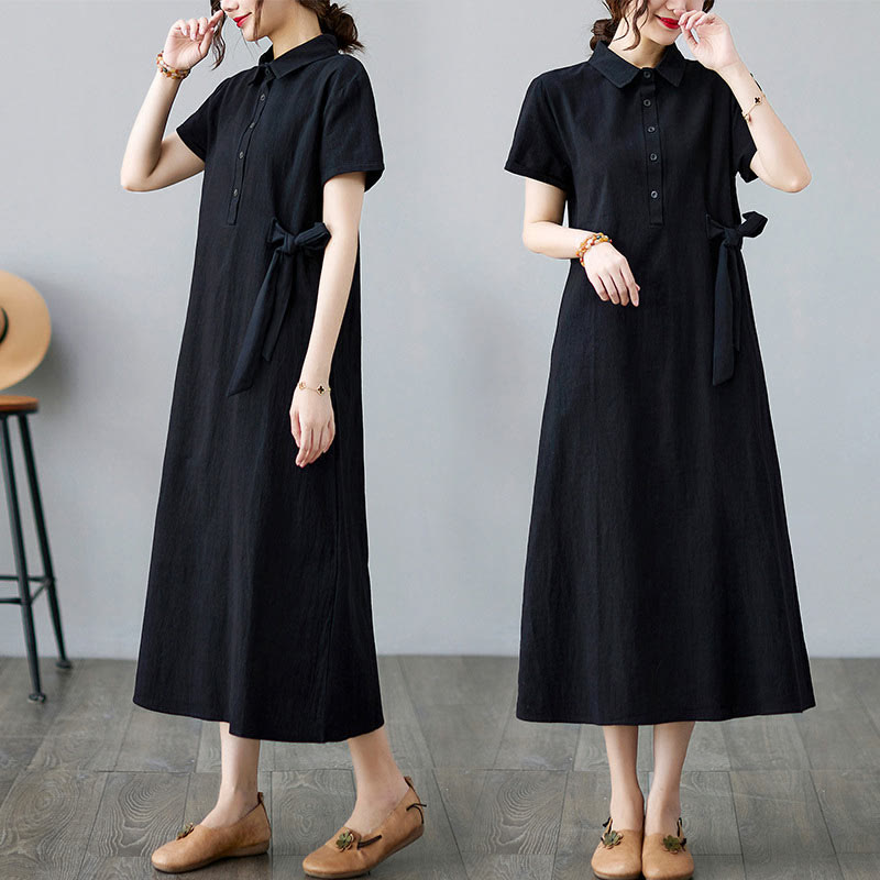 Buddha Stones Casual Plain Side Lace-Up Lapel Short Sleeve Cotton Linen Midi Dress With Pockets
