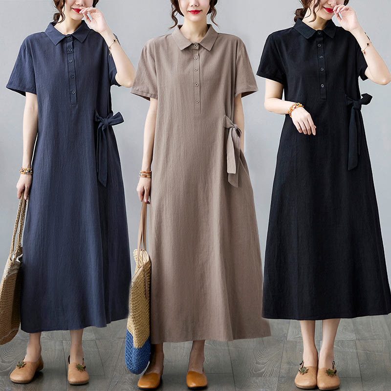 Buddha Stones Casual Plain Side Lace-Up Lapel Short Sleeve Cotton Linen Midi Dress With Pockets