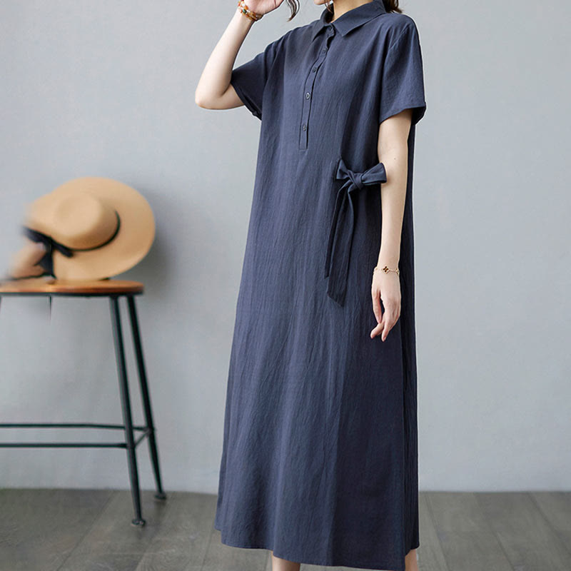 Buddha Stones Casual Plain Side Lace-Up Lapel Short Sleeve Cotton Linen Midi Dress With Pockets