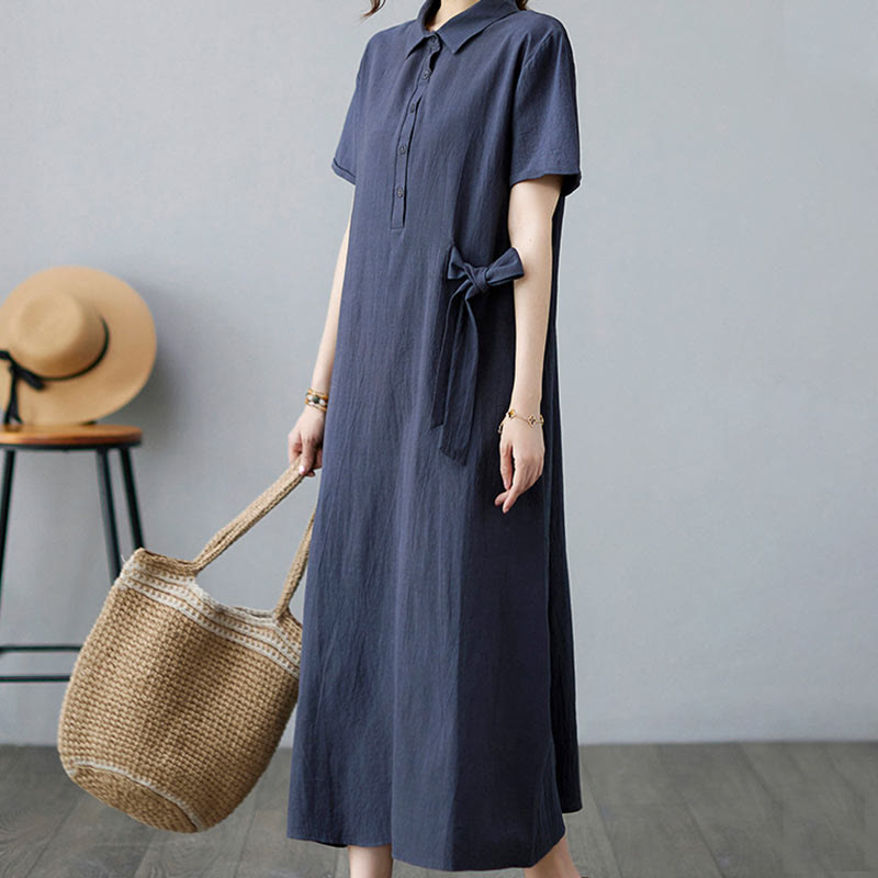 Buddha Stones Casual Plain Side Lace-Up Lapel Short Sleeve Cotton Linen Midi Dress With Pockets