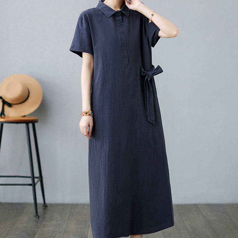 Buddha Stones Casual Plain Side Lace-Up Lapel Short Sleeve Cotton Linen Midi Dress With Pockets
