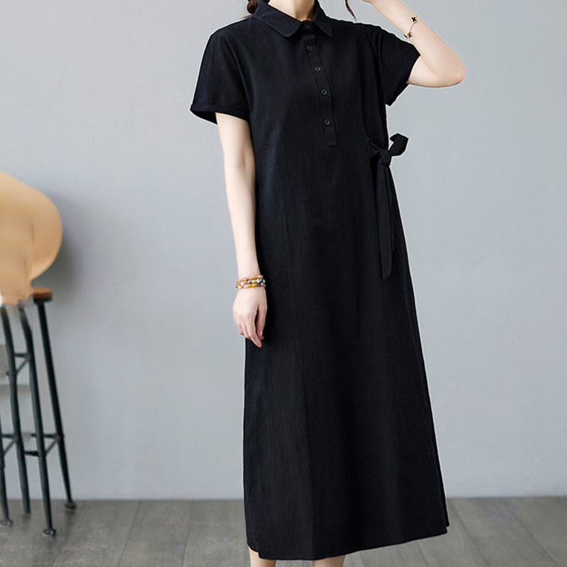 Buddha Stones Casual Plain Side Lace-Up Lapel Short Sleeve Cotton Linen Midi Dress With Pockets