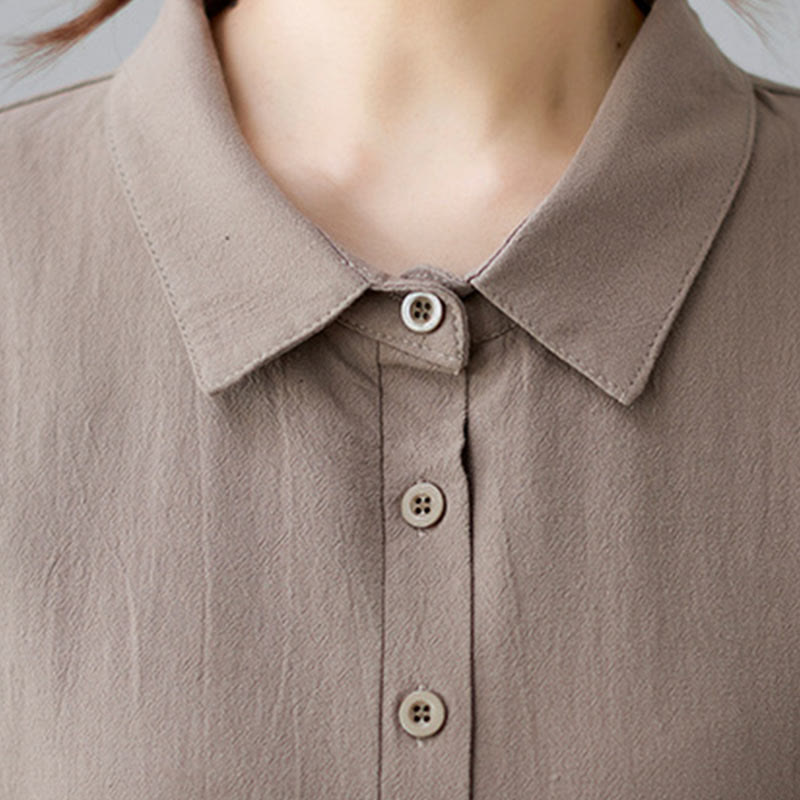 Buddha Stones Casual Plain Side Lace-Up Lapel Short Sleeve Cotton Linen Midi Dress With Pockets