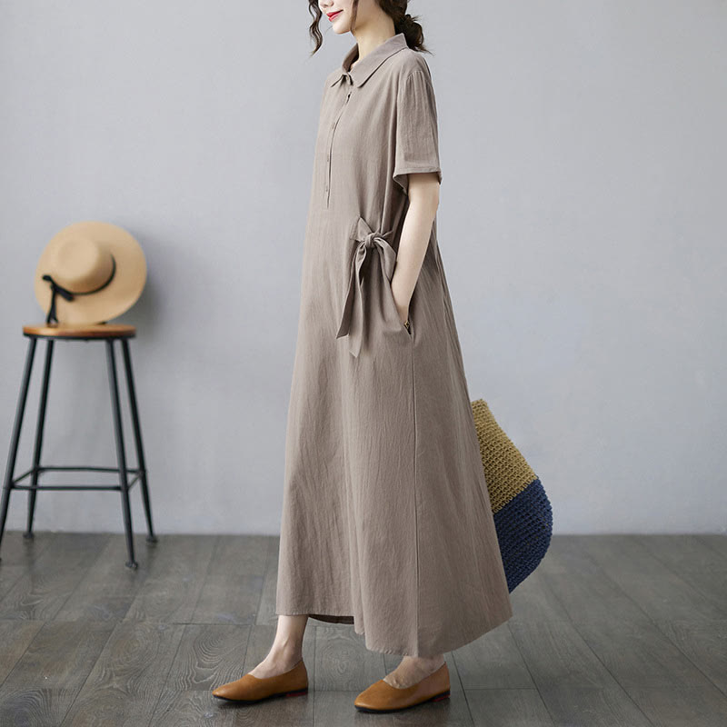 Buddha Stones Casual Plain Side Lace-Up Lapel Short Sleeve Cotton Linen Midi Dress With Pockets
