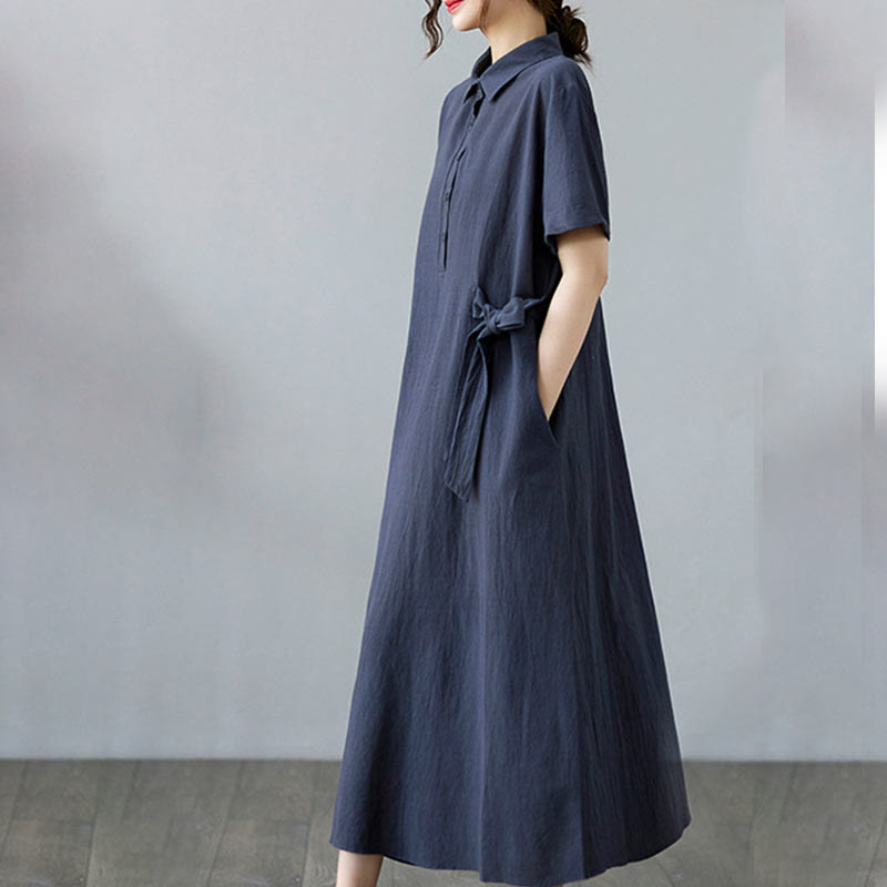 Buddha Stones Casual Plain Side Lace-Up Lapel Short Sleeve Cotton Linen Midi Dress With Pockets