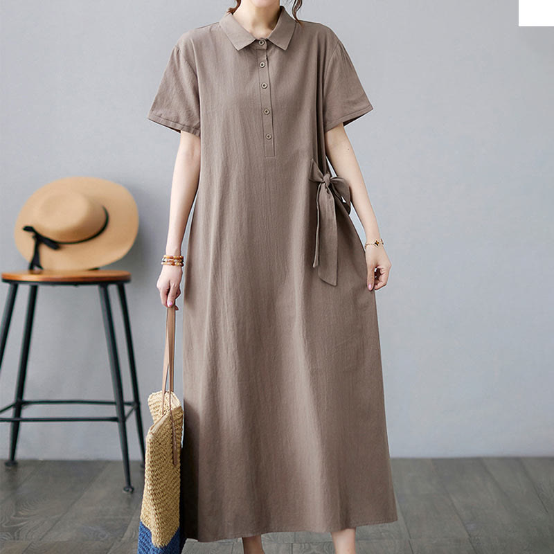 Buddha Stones Casual Plain Side Lace-Up Lapel Short Sleeve Cotton Linen Midi Dress With Pockets