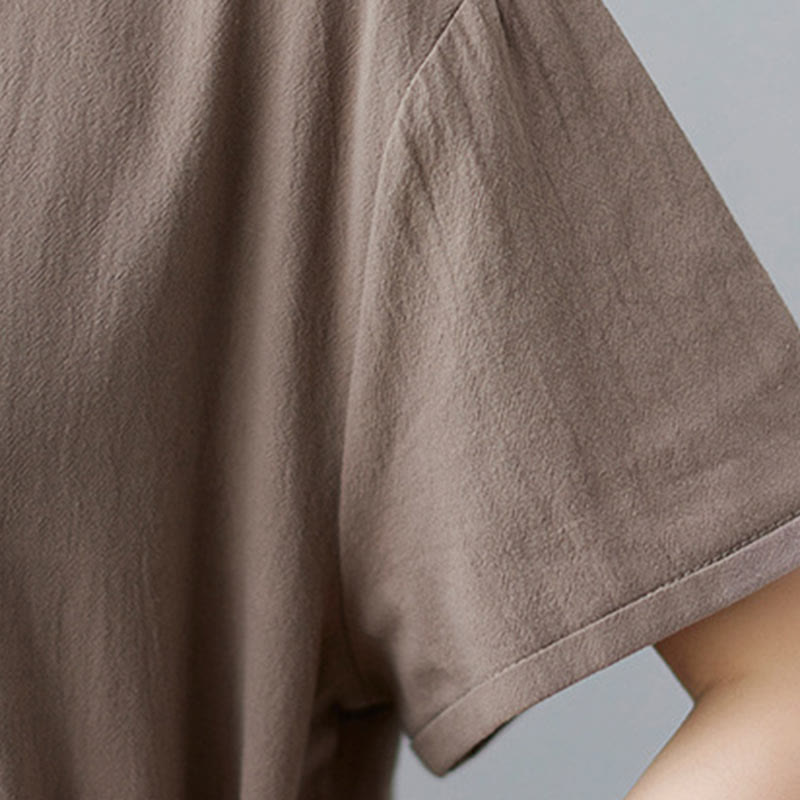 Buddha Stones Casual Plain Side Lace-Up Lapel Short Sleeve Cotton Linen Midi Dress With Pockets