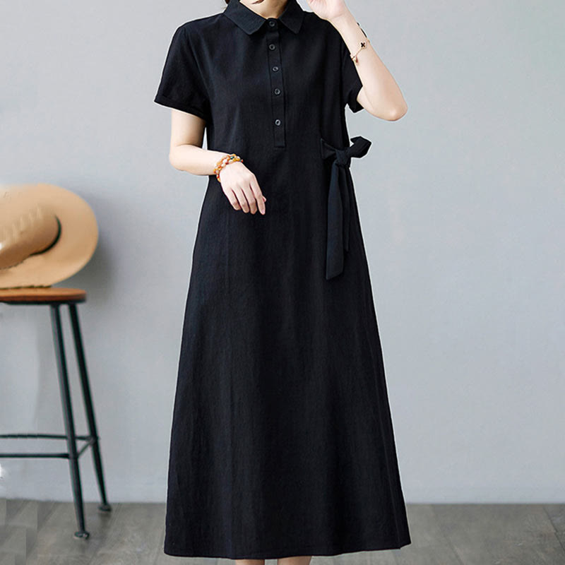 Buddha Stones Casual Plain Side Lace-Up Lapel Short Sleeve Cotton Linen Midi Dress With Pockets