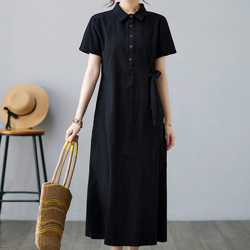 Buddha Stones Casual Plain Side Lace-Up Lapel Short Sleeve Cotton Linen Midi Dress With Pockets