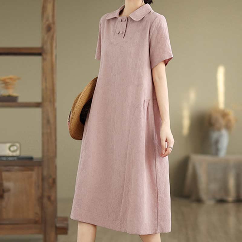Buddha Stones Plain Jacquard Lapel Cotton Linen Short Sleeve Midi Dress With Pockets
