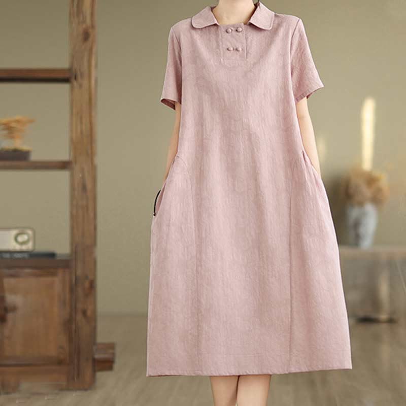 Buddha Stones Plain Jacquard Lapel Cotton Linen Short Sleeve Midi Dress With Pockets