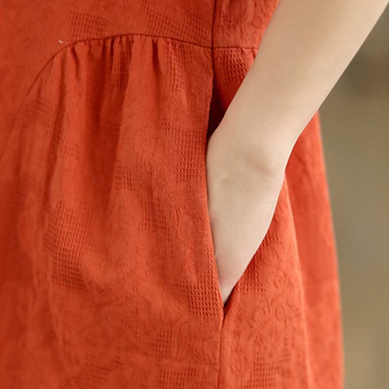 Buddha Stones Plain Jacquard Lapel Cotton Linen Short Sleeve Midi Dress With Pockets