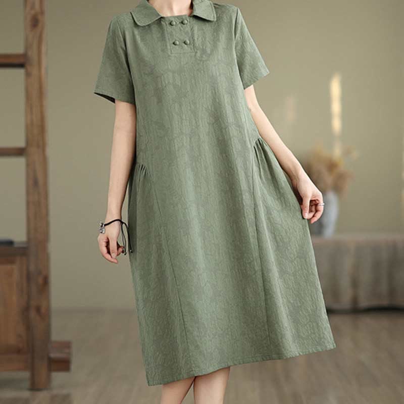 Buddha Stones Plain Jacquard Lapel Cotton Linen Short Sleeve Midi Dress With Pockets