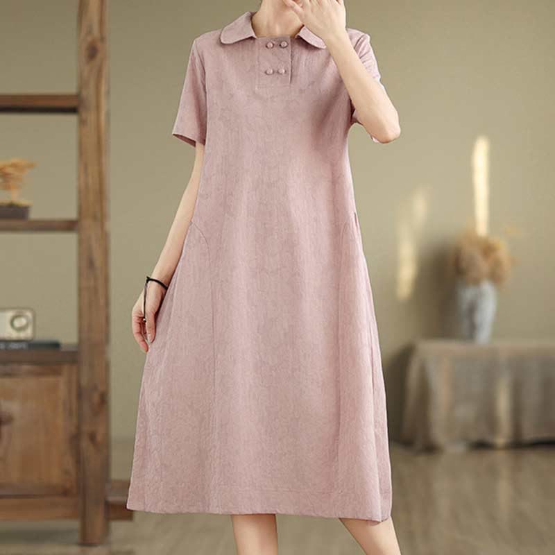 Buddha Stones Plain Jacquard Lapel Cotton Linen Short Sleeve Midi Dress With Pockets