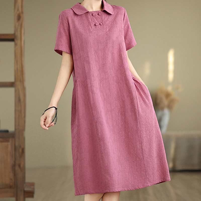 Buddha Stones Plain Jacquard Lapel Cotton Linen Short Sleeve Midi Dress With Pockets