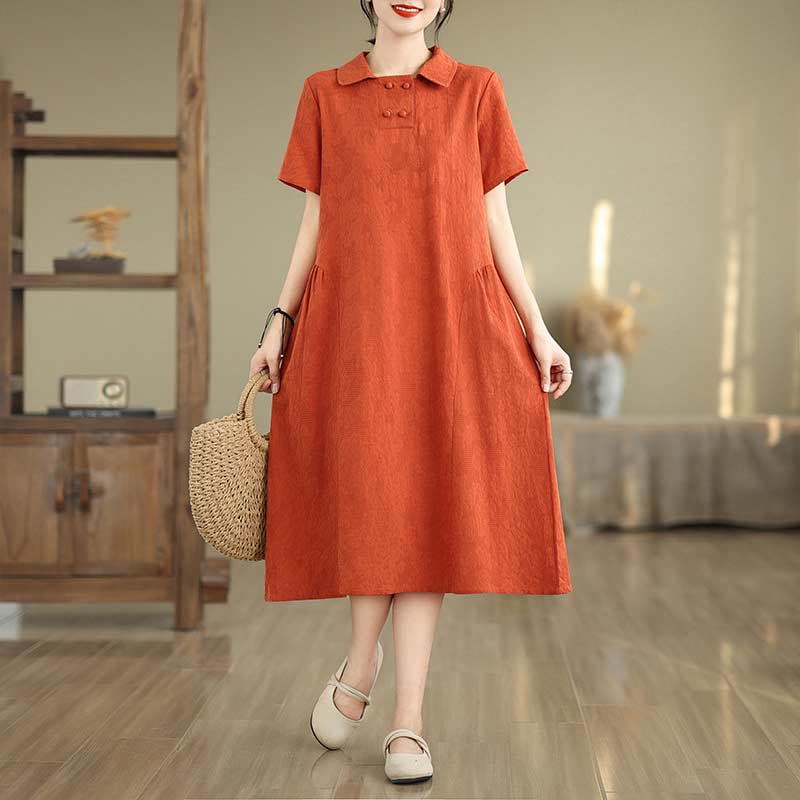 Buddha Stones Plain Jacquard Lapel Cotton Linen Short Sleeve Midi Dress With Pockets