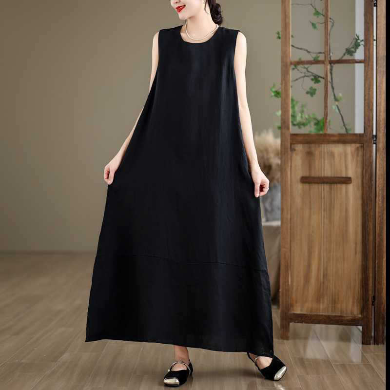 Buddha Stones Spring Plain Irregular Sleeveless Cotton Linen Midi Dress With Pockets