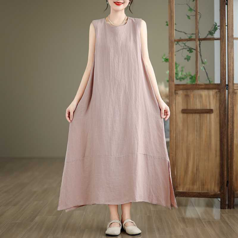 Buddha Stones Spring Plain Irregular Sleeveless Cotton Linen Midi Dress With Pockets