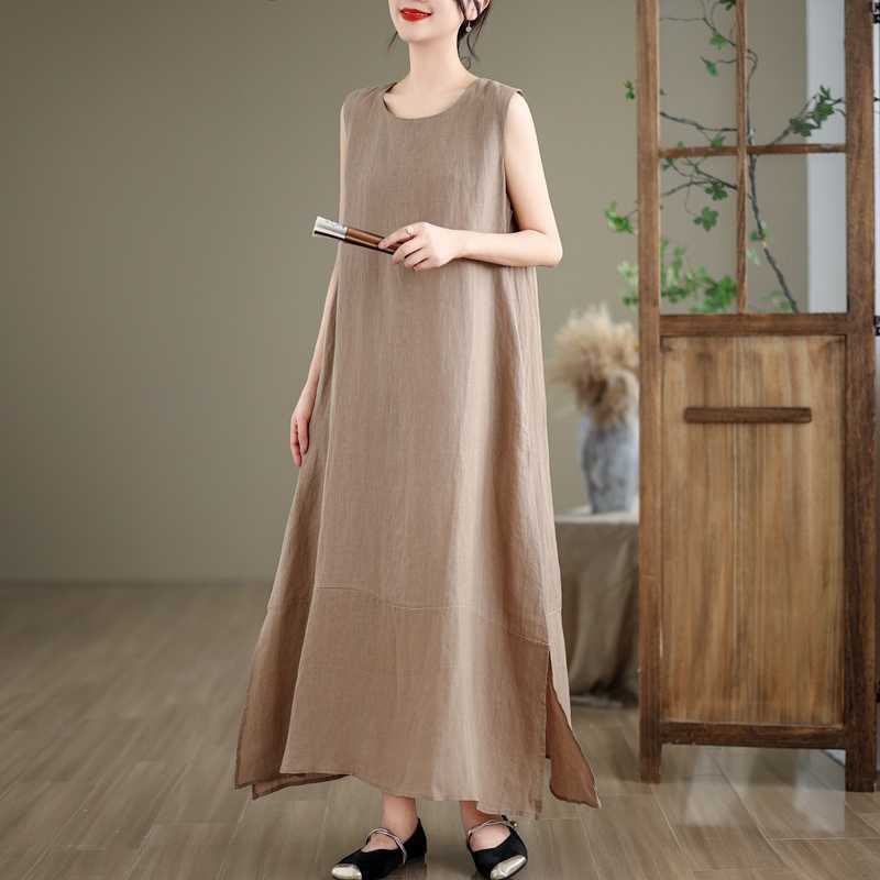 Buddha Stones Spring Plain Irregular Sleeveless Cotton Linen Midi Dress With Pockets