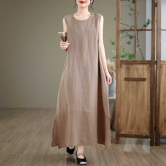 Buddha Stones Spring Plain Irregular Sleeveless Cotton Linen Midi Dress With Pockets