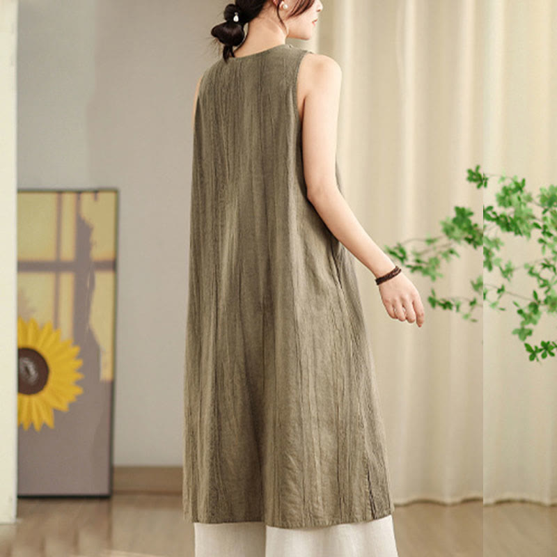 Buddha Stones Tie Dye Chinese Frog-Button Ramie Linen Sleeveless Midi Dress With Pockets