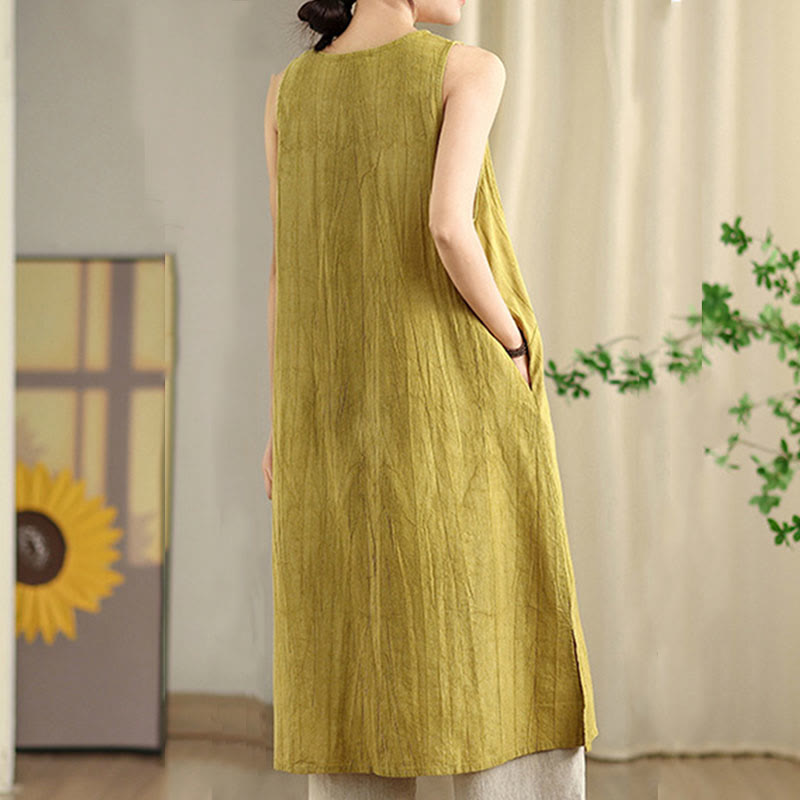 Buddha Stones Tie Dye Chinese Frog-Button Ramie Linen Sleeveless Midi Dress With Pockets