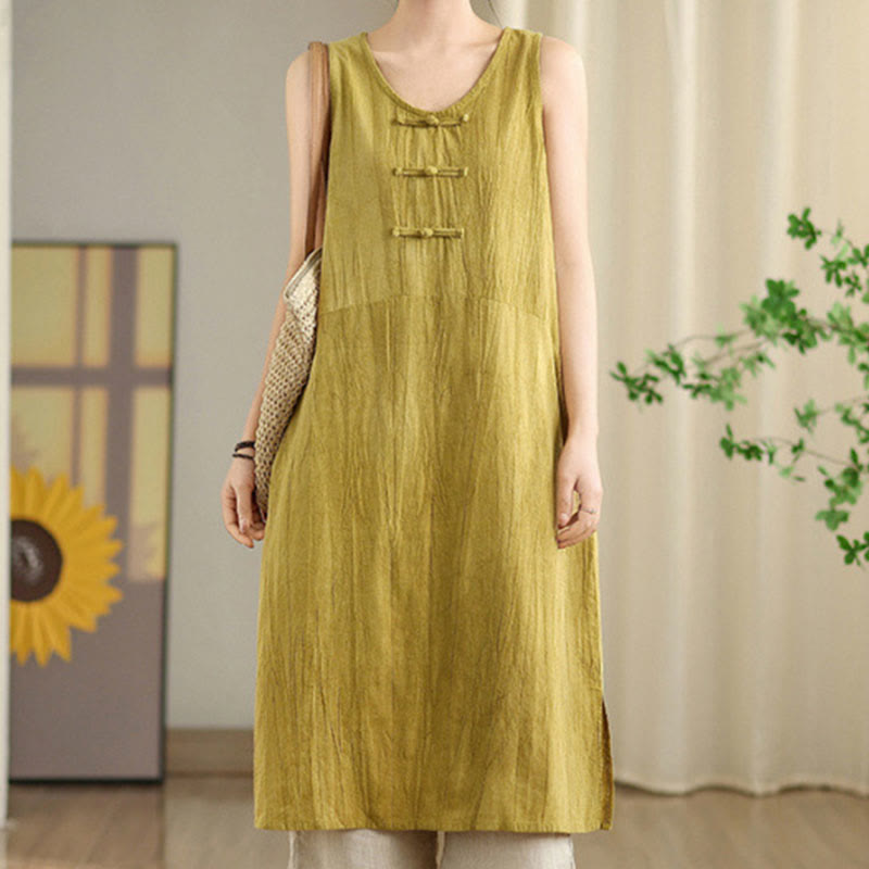 Buddha Stones Tie Dye Chinese Frog-Button Ramie Linen Sleeveless Midi Dress With Pockets
