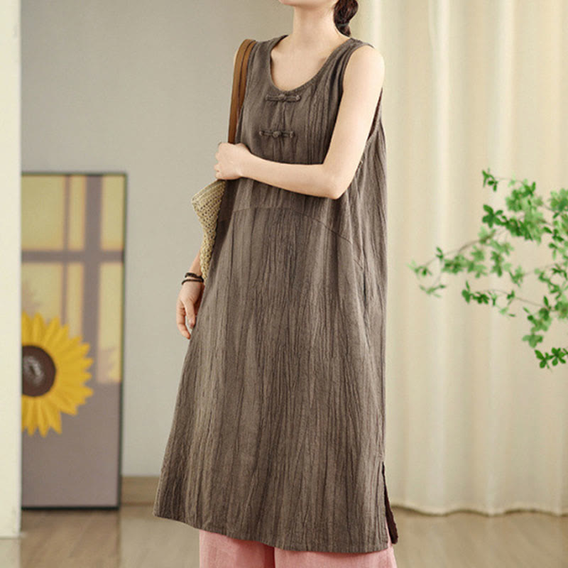 Buddha Stones Tie Dye Chinese Frog-Button Ramie Linen Sleeveless Midi Dress With Pockets