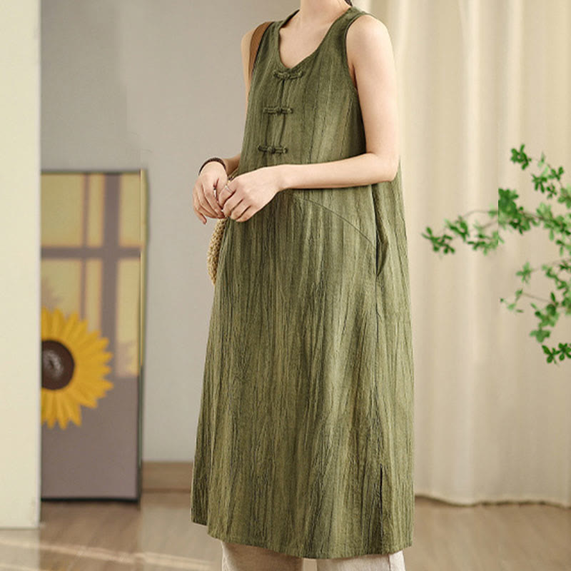 Buddha Stones Tie Dye Chinese Frog-Button Ramie Linen Sleeveless Midi Dress With Pockets