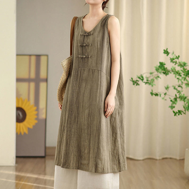 Buddha Stones Tie Dye Chinese Frog-Button Ramie Linen Sleeveless Midi Dress With Pockets