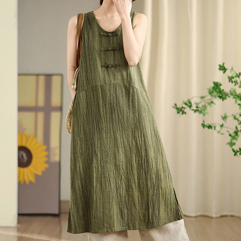 Buddha Stones Tie Dye Chinese Frog-Button Ramie Linen Sleeveless Midi Dress With Pockets