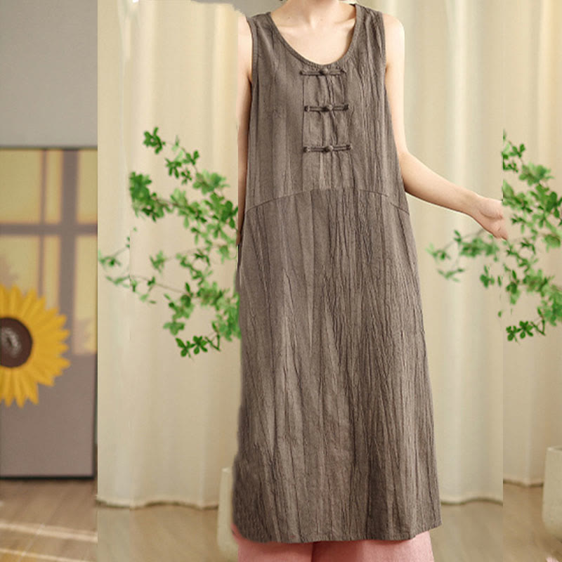 Buddha Stones Tie Dye Chinese Frog-Button Ramie Linen Sleeveless Midi Dress With Pockets