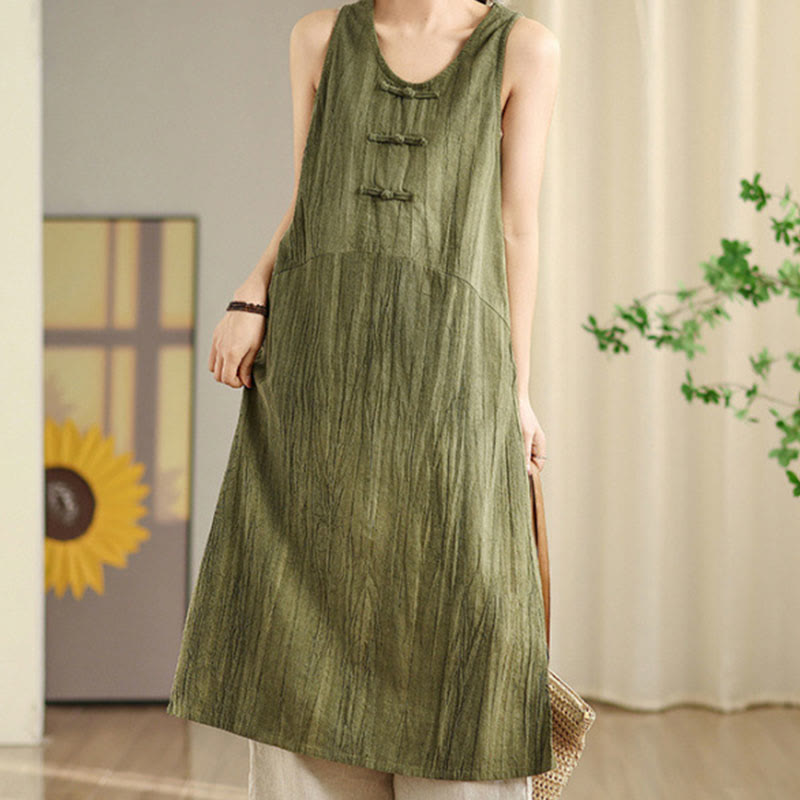 Buddha Stones Tie Dye Chinese Frog-Button Ramie Linen Sleeveless Midi Dress With Pockets