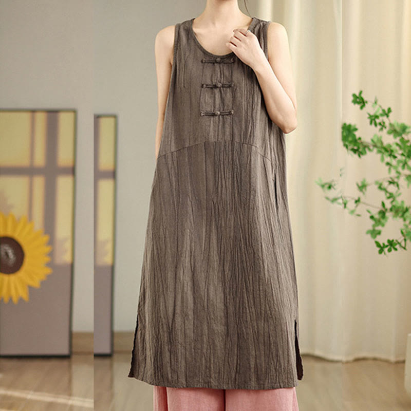 Buddha Stones Tie Dye Chinese Frog-Button Ramie Linen Sleeveless Midi Dress With Pockets