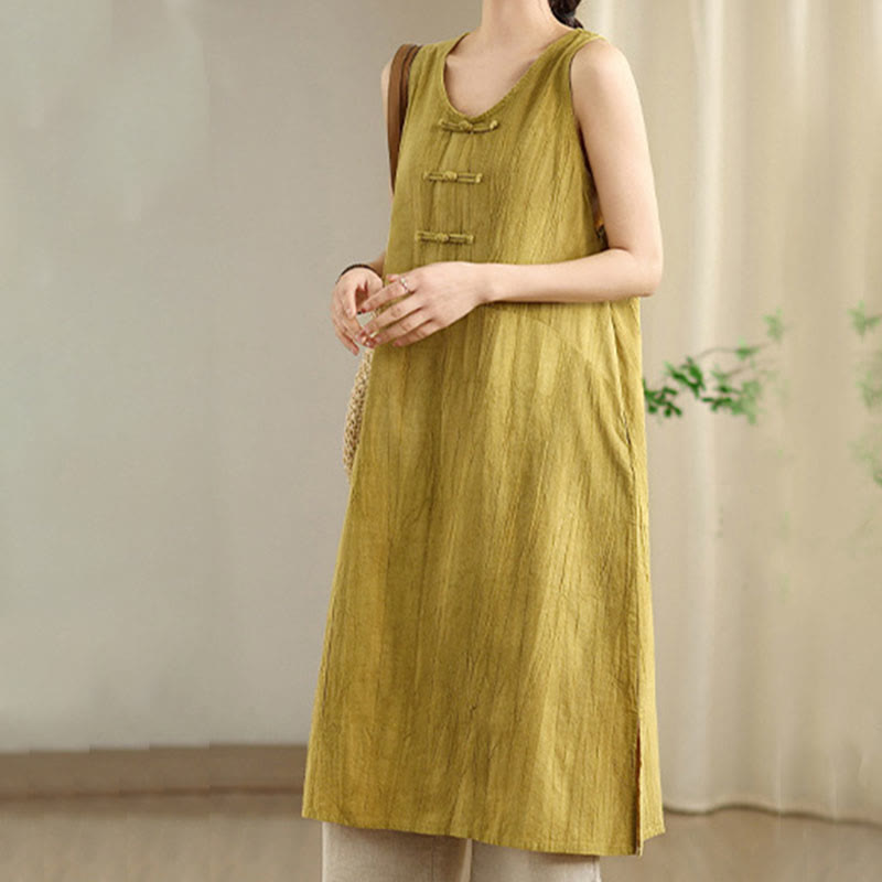 Buddha Stones Tie Dye Chinese Frog-Button Ramie Linen Sleeveless Midi Dress With Pockets