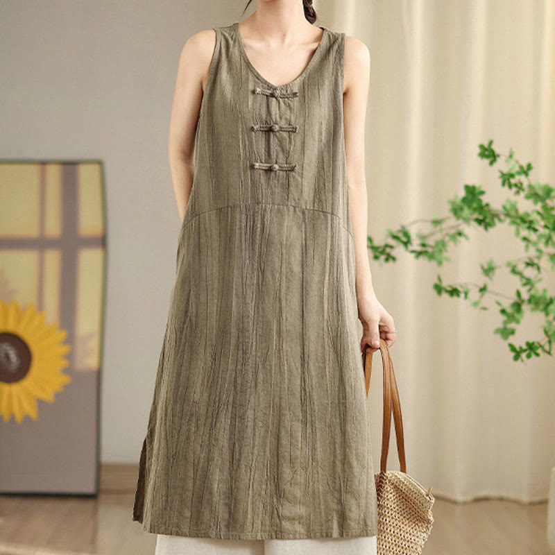 Buddha Stones Tie Dye Chinese Frog-Button Ramie Linen Sleeveless Midi Dress With Pockets