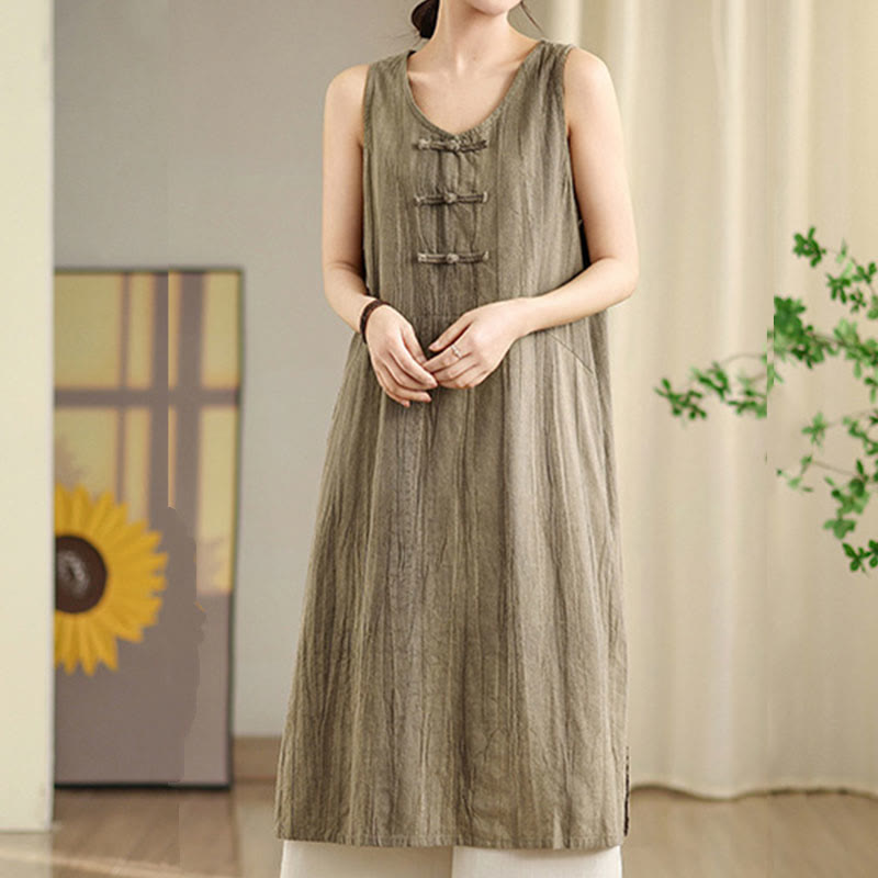 Buddha Stones Tie Dye Chinese Frog-Button Ramie Linen Sleeveless Midi Dress With Pockets