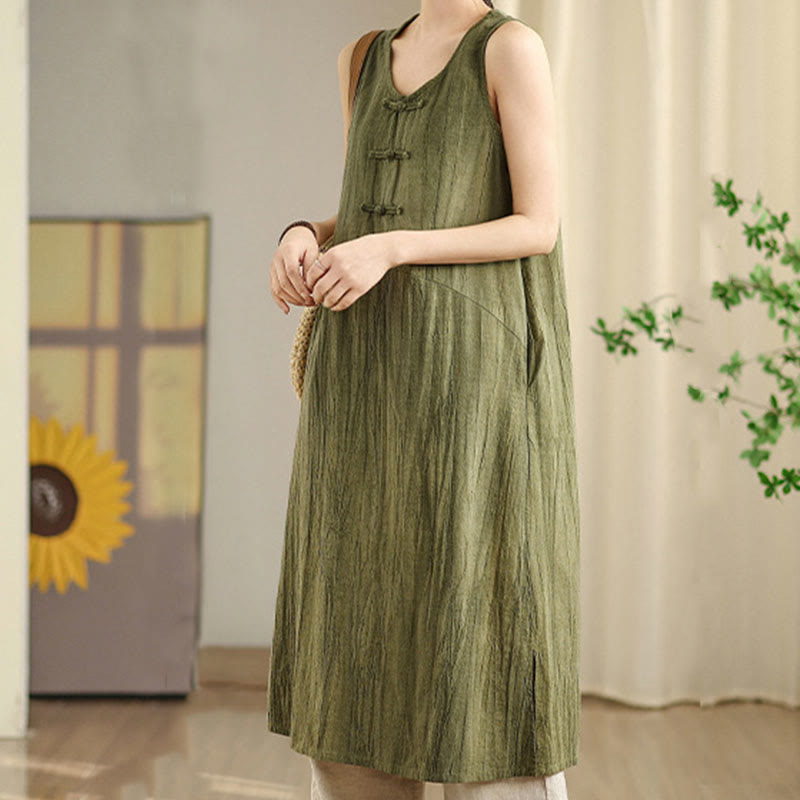 Buddha Stones Tie Dye Chinese Frog-Button Ramie Linen Sleeveless Midi Dress With Pockets