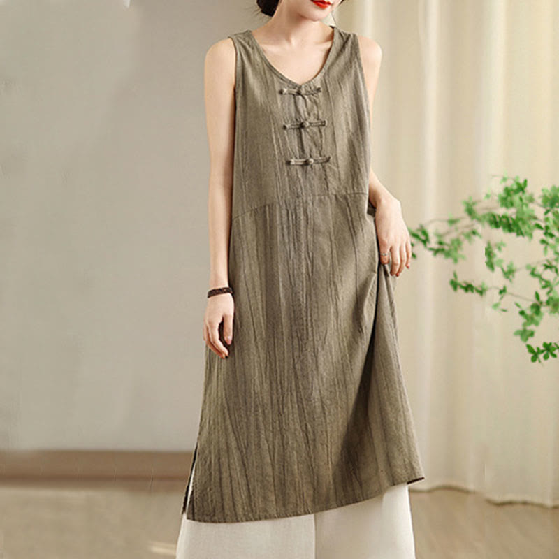 Buddha Stones Tie Dye Chinese Frog-Button Ramie Linen Sleeveless Midi Dress With Pockets