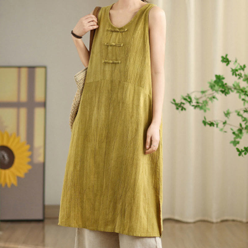 Buddha Stones Tie Dye Chinese Frog-Button Ramie Linen Sleeveless Midi Dress With Pockets