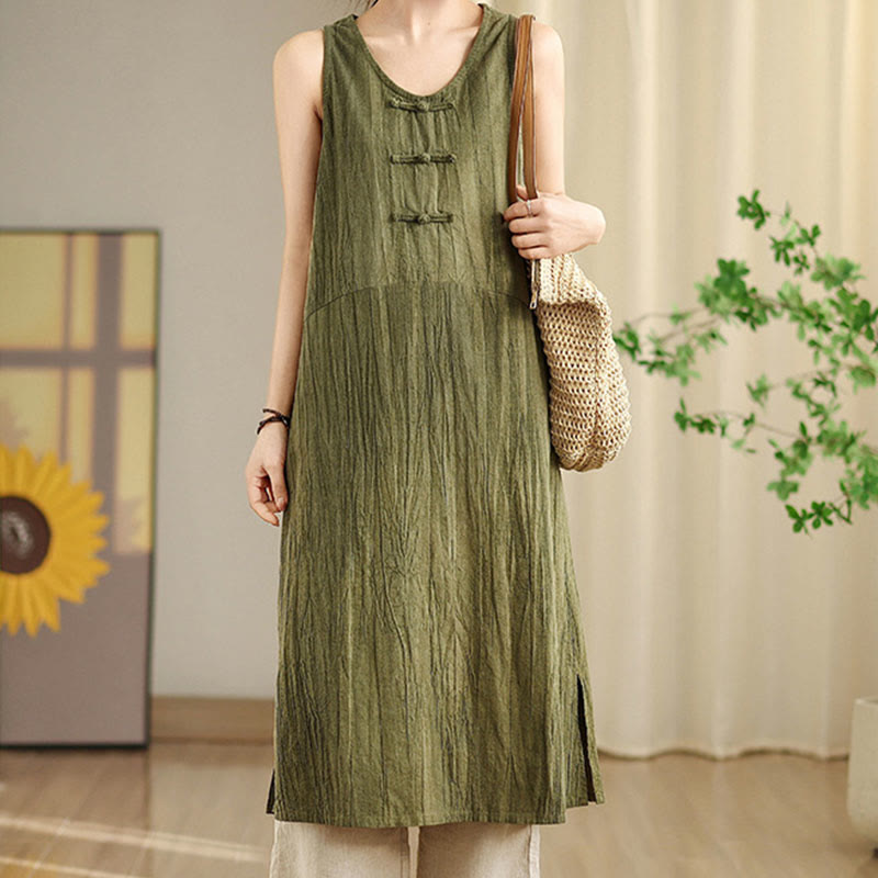 Buddha Stones Tie Dye Chinese Frog-Button Ramie Linen Sleeveless Midi Dress With Pockets