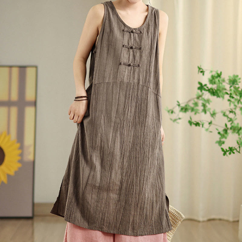 Buddha Stones Tie Dye Chinese Frog-Button Ramie Linen Sleeveless Midi Dress With Pockets