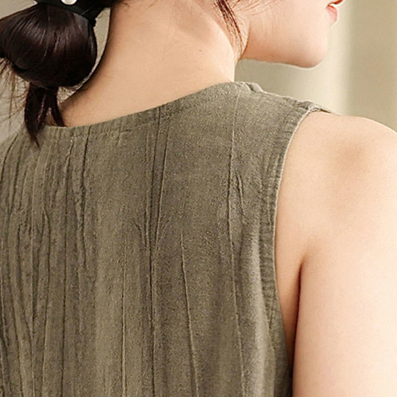 Buddha Stones Tie Dye Chinese Frog-Button Ramie Linen Sleeveless Midi Dress With Pockets