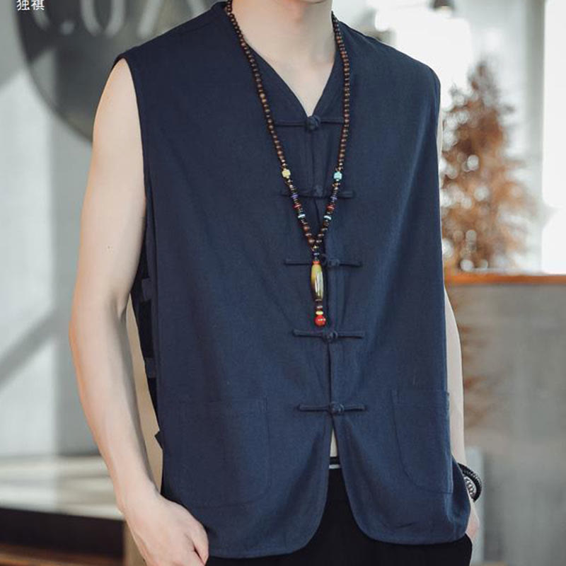 Buddha Stones Casual Chinese Frog-Button Men's Cotton Vest Waistcoat With Pockets