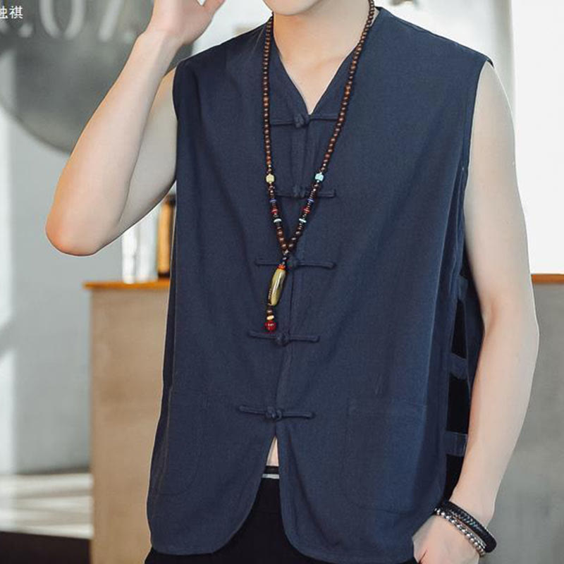 Buddha Stones Casual Chinese Frog-Button Men's Cotton Vest Waistcoat With Pockets