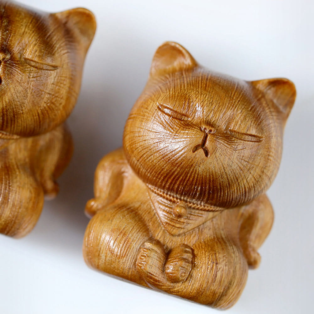Buddha Stones Small Mini Green Sandalwood Lucky Cat Carved Soothing Decorations