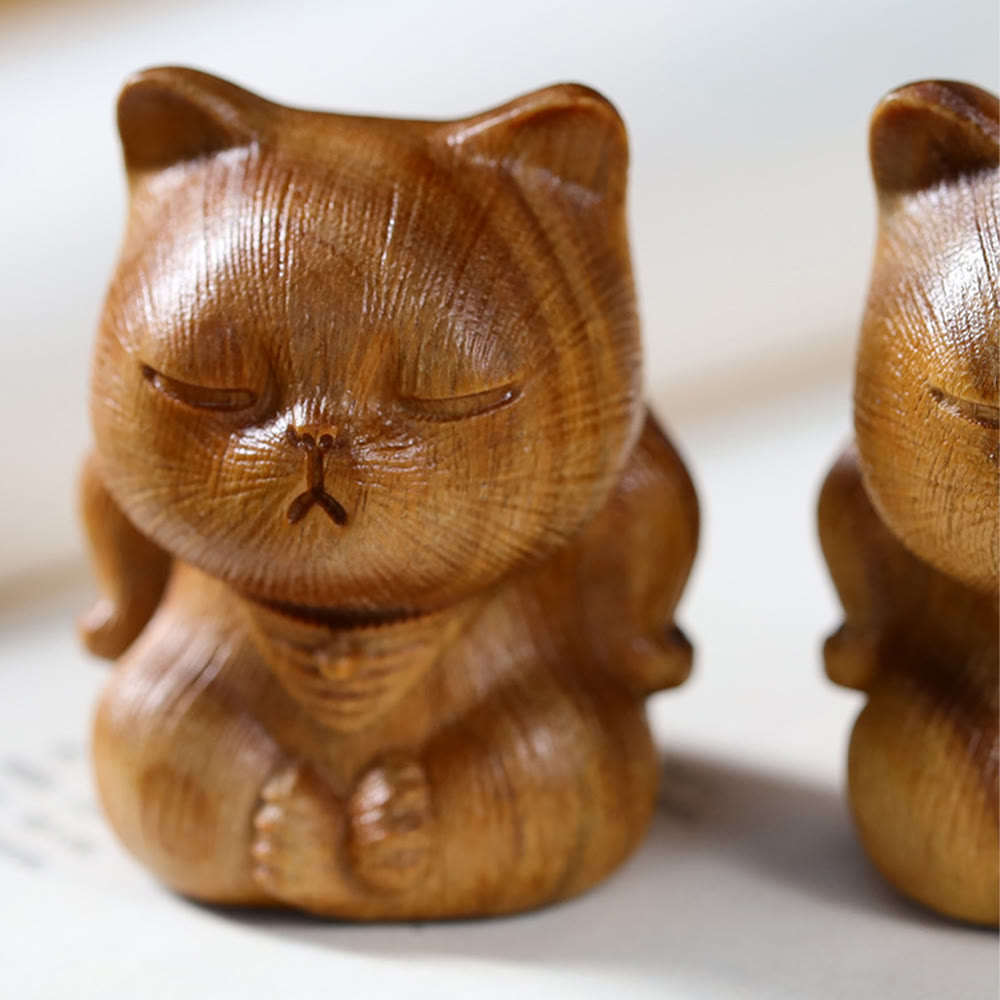 Buddha Stones Small Mini Green Sandalwood Lucky Cat Carved Soothing Decorations